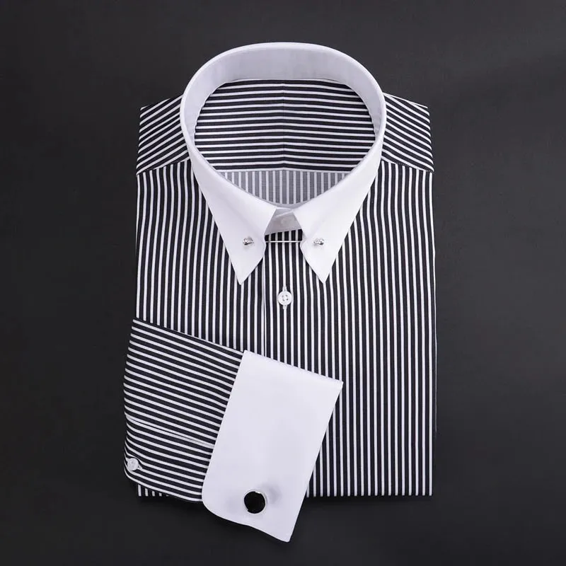 men's empire collar long sleeve French shirt slim-fit business trend  striped shirt men