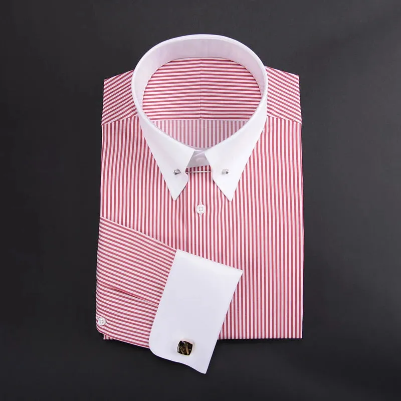 men's empire collar long sleeve French shirt slim-fit business trend  striped shirt men