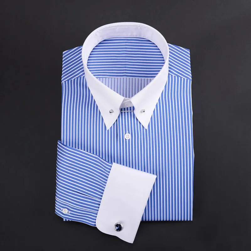 men's empire collar long sleeve French shirt slim-fit business trend  striped shirt men