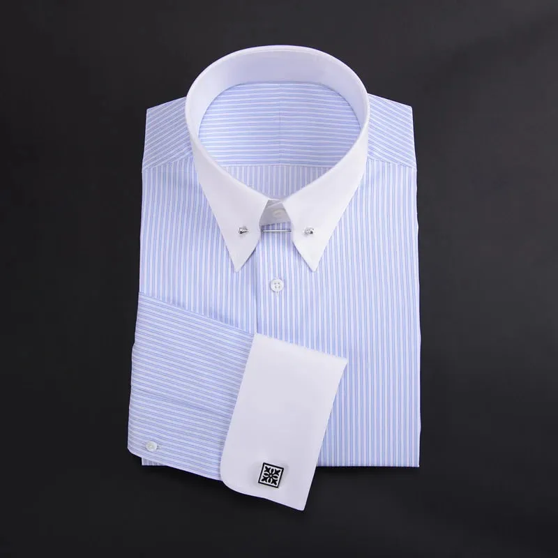 men's empire collar long sleeve French shirt slim-fit business trend  striped shirt men