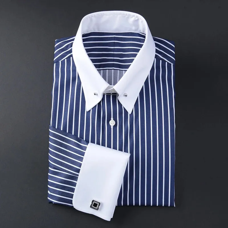 men's empire collar long sleeve French shirt slim-fit business trend  striped shirt men