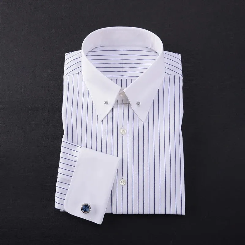 men's empire collar long sleeve French shirt slim-fit business trend  striped shirt men