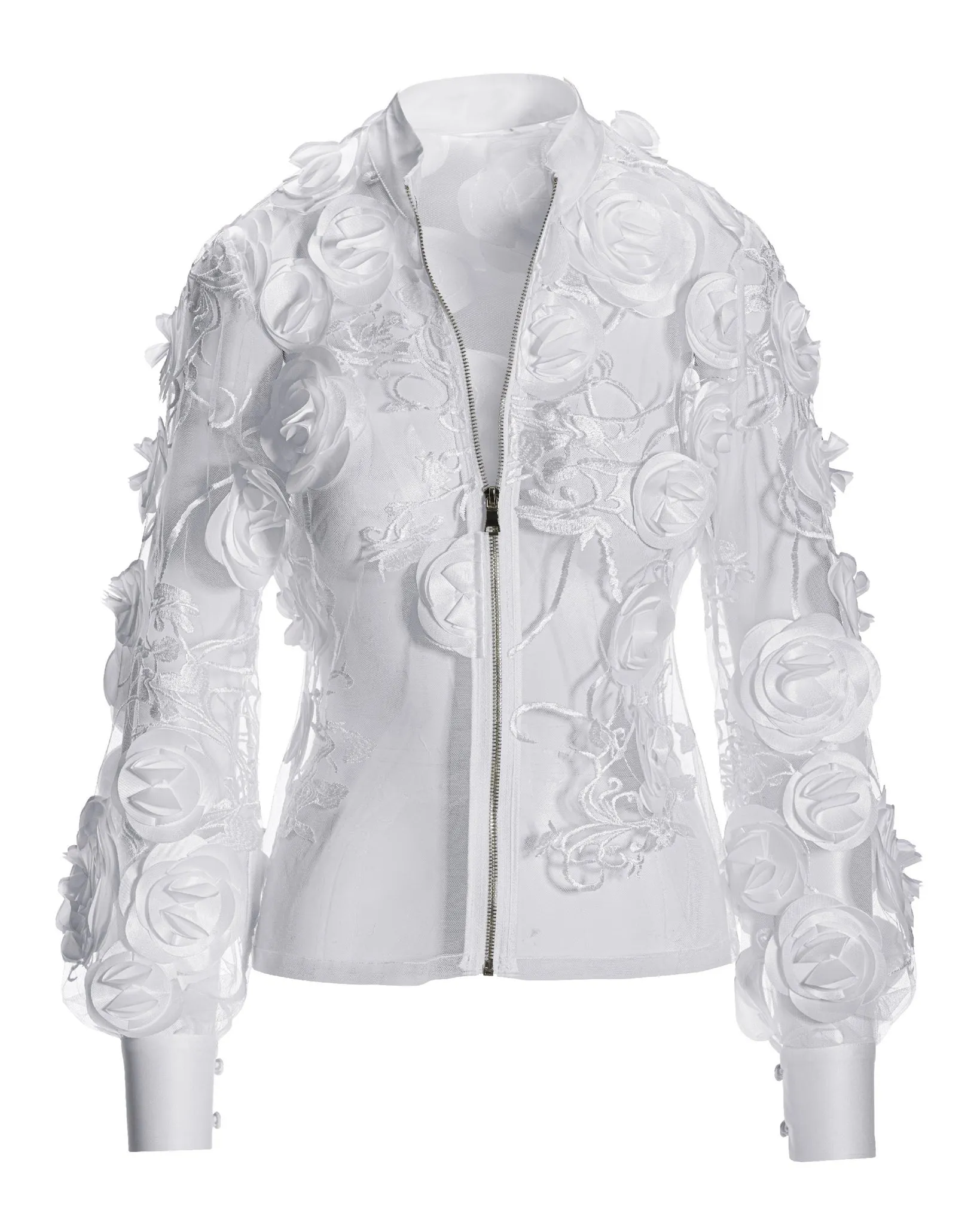 Mesh 3D Rosette Zip Jacket White