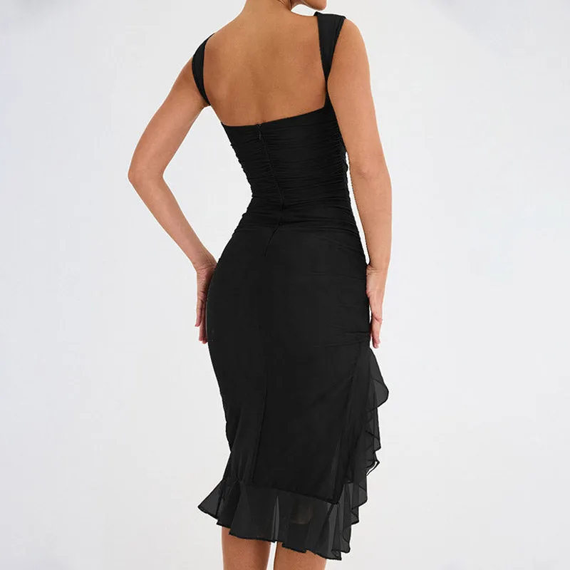Mesh Ruched Crew Neck Sleeveless Bodycon Ruffle Cocktail Midi Dress - Black
