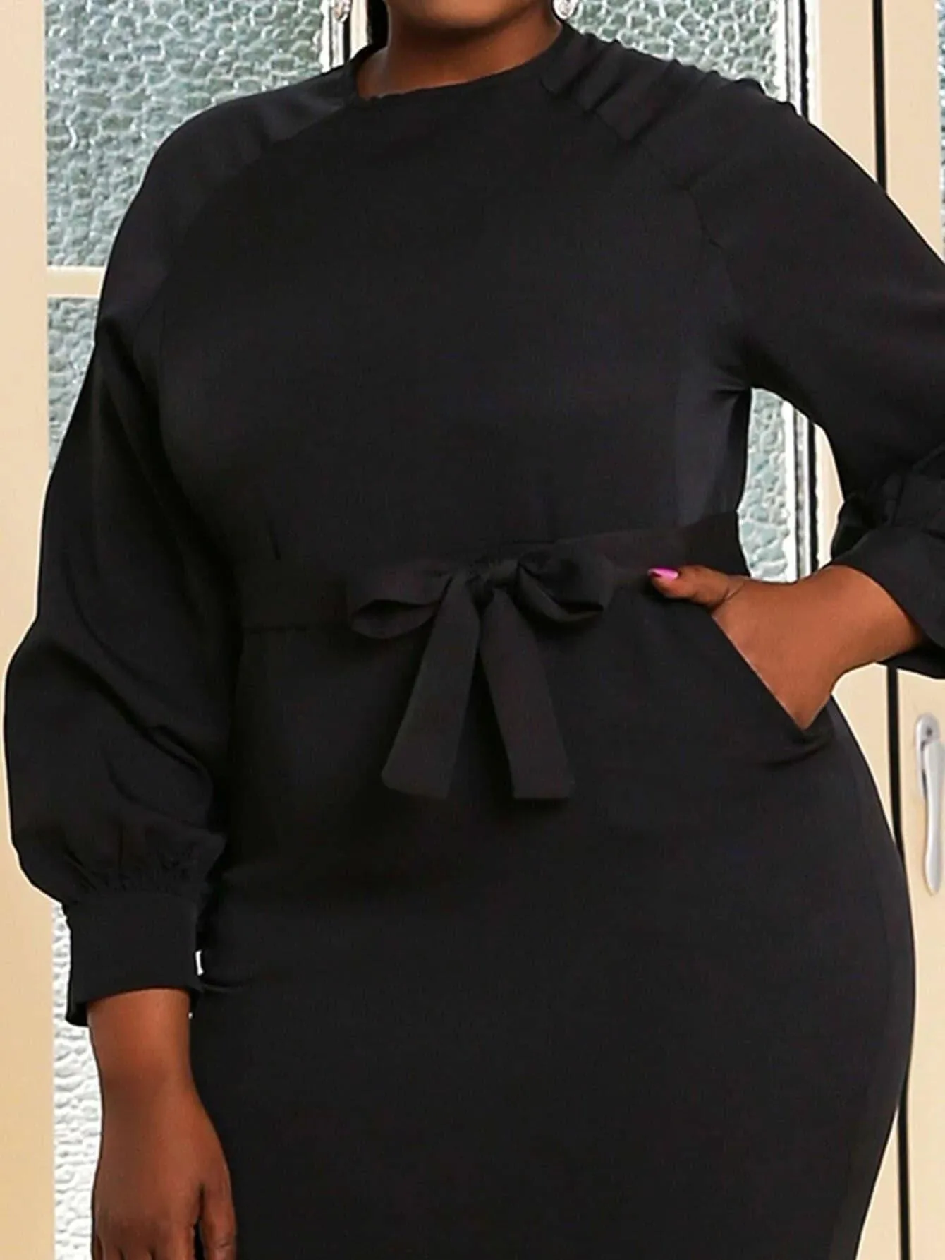 Missord Plus Lantern Sleeve Belted Slit Hem Dress P0130