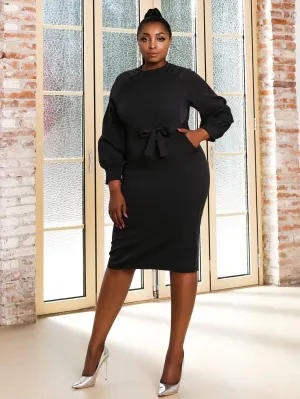 Missord Plus Lantern Sleeve Belted Slit Hem Dress P0130