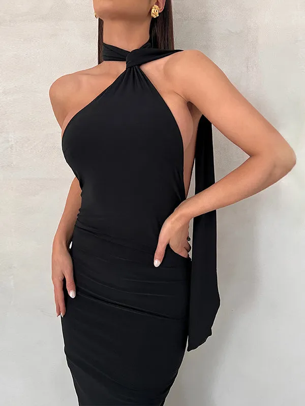 Momnfancy Black Backless Ruched Side Draped Halter Neck Elegant Bodycon Photoshoot Gown Baby Shower Maternity Maxi Dress