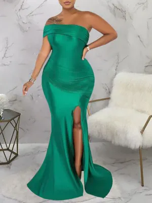 Momnfancy Green One Shoulder Side Silt Mermaid Pregnancy Bodycon Baby Shower Maternity Maxi Dress