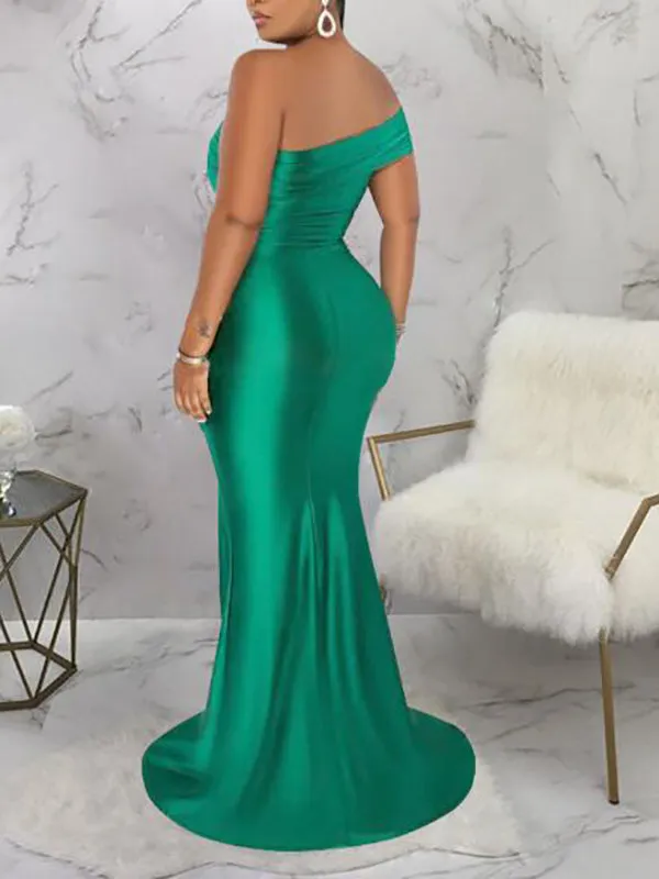 Momnfancy Green One Shoulder Side Silt Mermaid Pregnancy Bodycon Baby Shower Maternity Maxi Dress