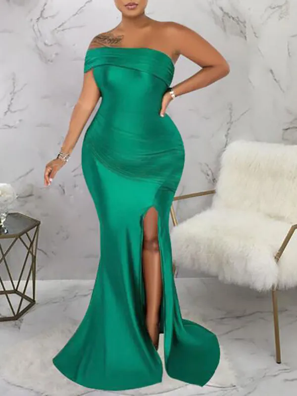 Momnfancy Green One Shoulder Side Silt Mermaid Pregnancy Bodycon Baby Shower Maternity Maxi Dress