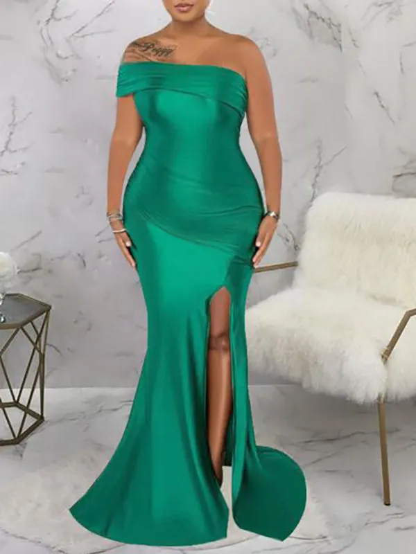 Momnfancy Green One Shoulder Side Silt Mermaid Pregnancy Bodycon Baby Shower Maternity Maxi Dress
