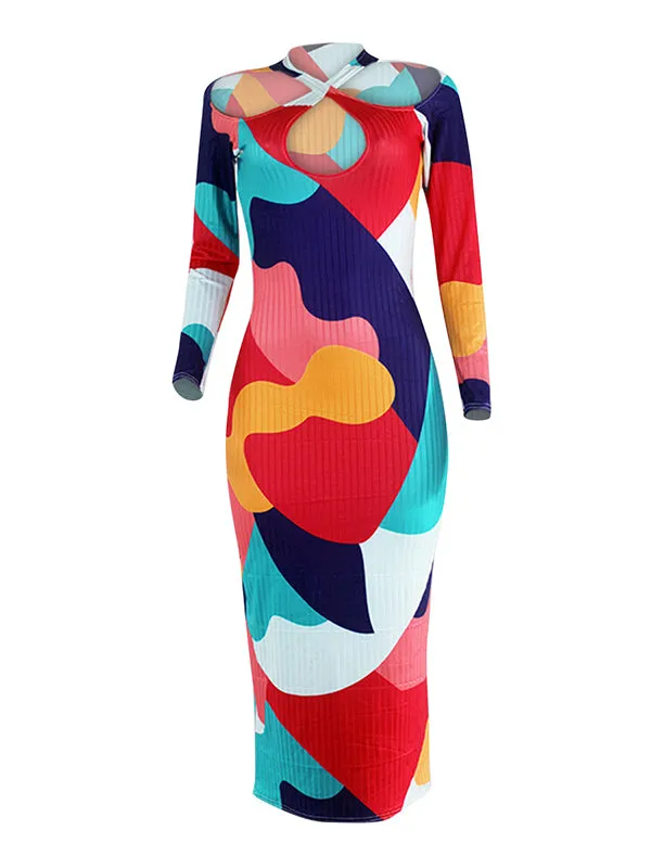 Momnfancy Multicolor Rib Fabric Cut Out Color Block Baby Shower Bodycon Maternity Midi Dress