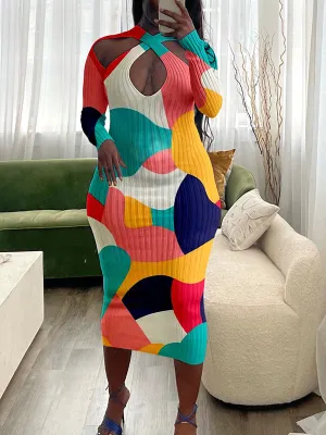 Momnfancy Multicolor Rib Fabric Cut Out Color Block Baby Shower Bodycon Maternity Midi Dress