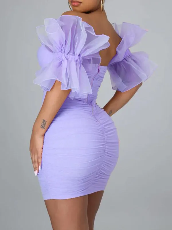 Momnfancy Purple Patchwork Grenadine Ruched Off Shoulder Bodycon Baby Shower Party Pregnancy Maternity Mini Dress