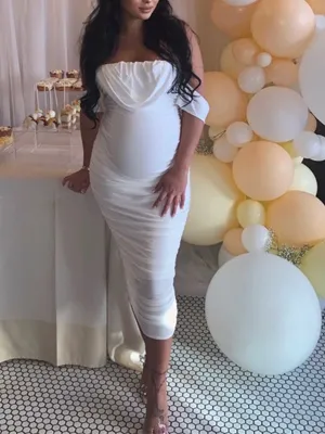 Momnfancy White Off Shoulder Bandeau Ruffle Bodycon Cap Sleeve Cute Baby Shower Maternity Midi Dress