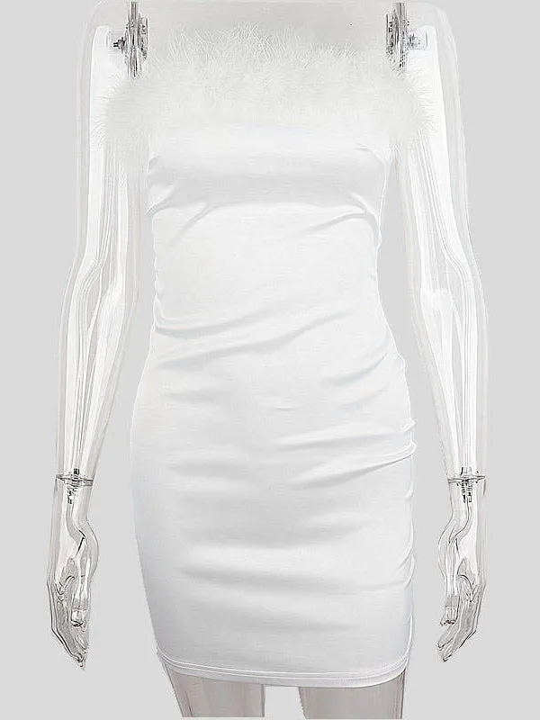 Momnfancy White Patchwork Feather Off-shoulder Bodycon Bandeau Elegant Chic Baby Shower Maternity Mini Dress