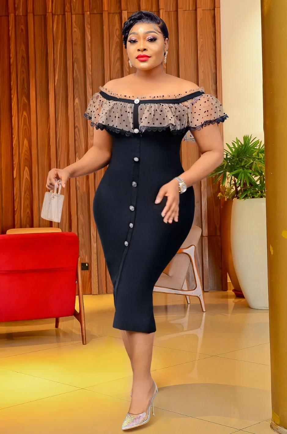 Moon- Pearl Button/ Polka Dot Mesh Bandage Dress (NEW)