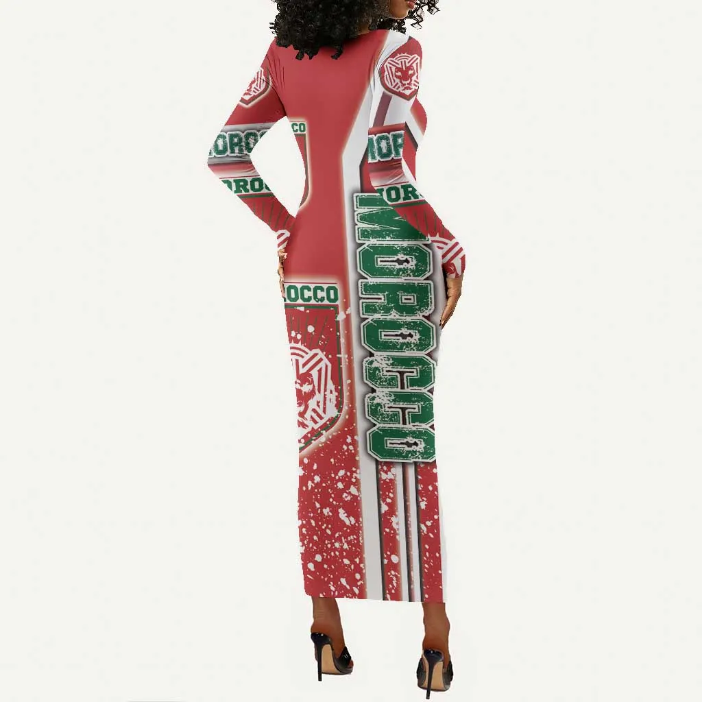 Morocco Soccer Long Sleeve Bodycon Dress Atlas Lions Football - Road To Champion DT03