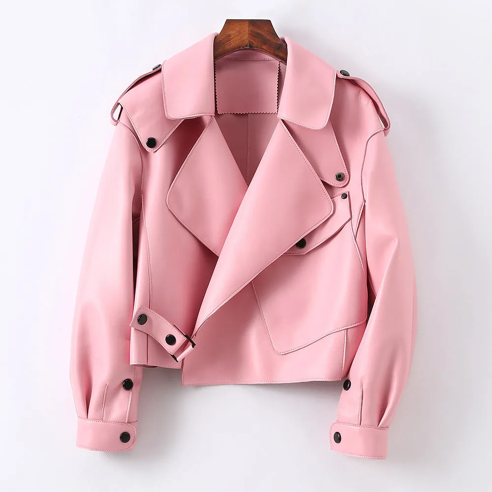 Multi Color Bomber Leather Jacket Women Motorcycle Genuine Sheepskin Leather Jackets