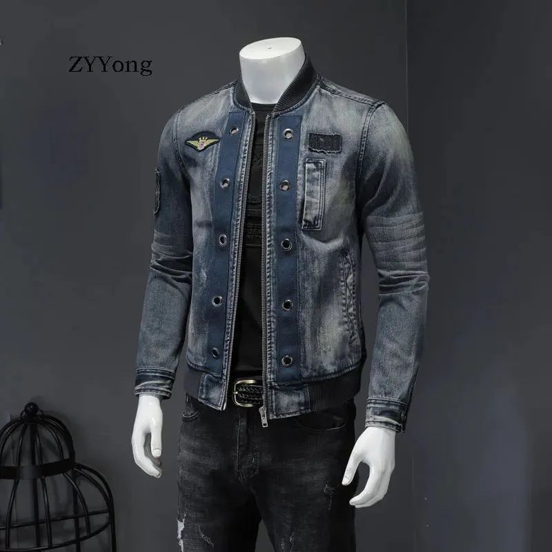 New Premium Quality  Designed Stand Collar Patch Bomber Pilot Blue Jacket Men  Casual Wear