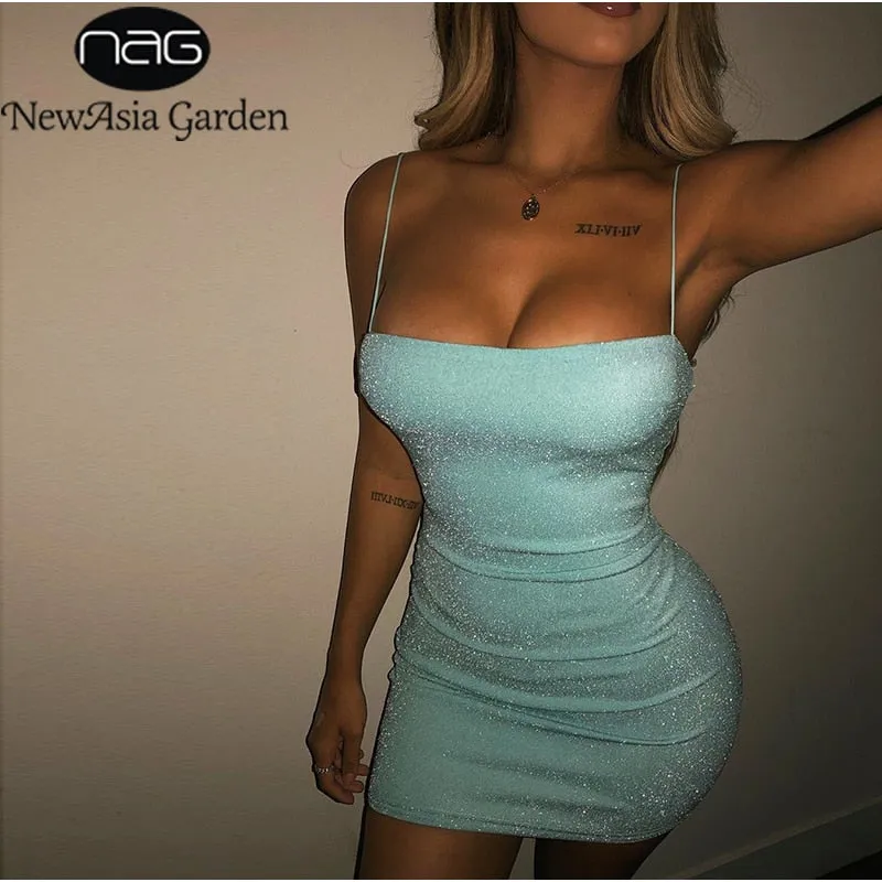 NewAsia Doppel Schichten Glänzende Bodycon Kleid Frau Weihnachten Party Nacht Club Sexy Sparkle Kleid Spaghetti-trägern Glitter Robe