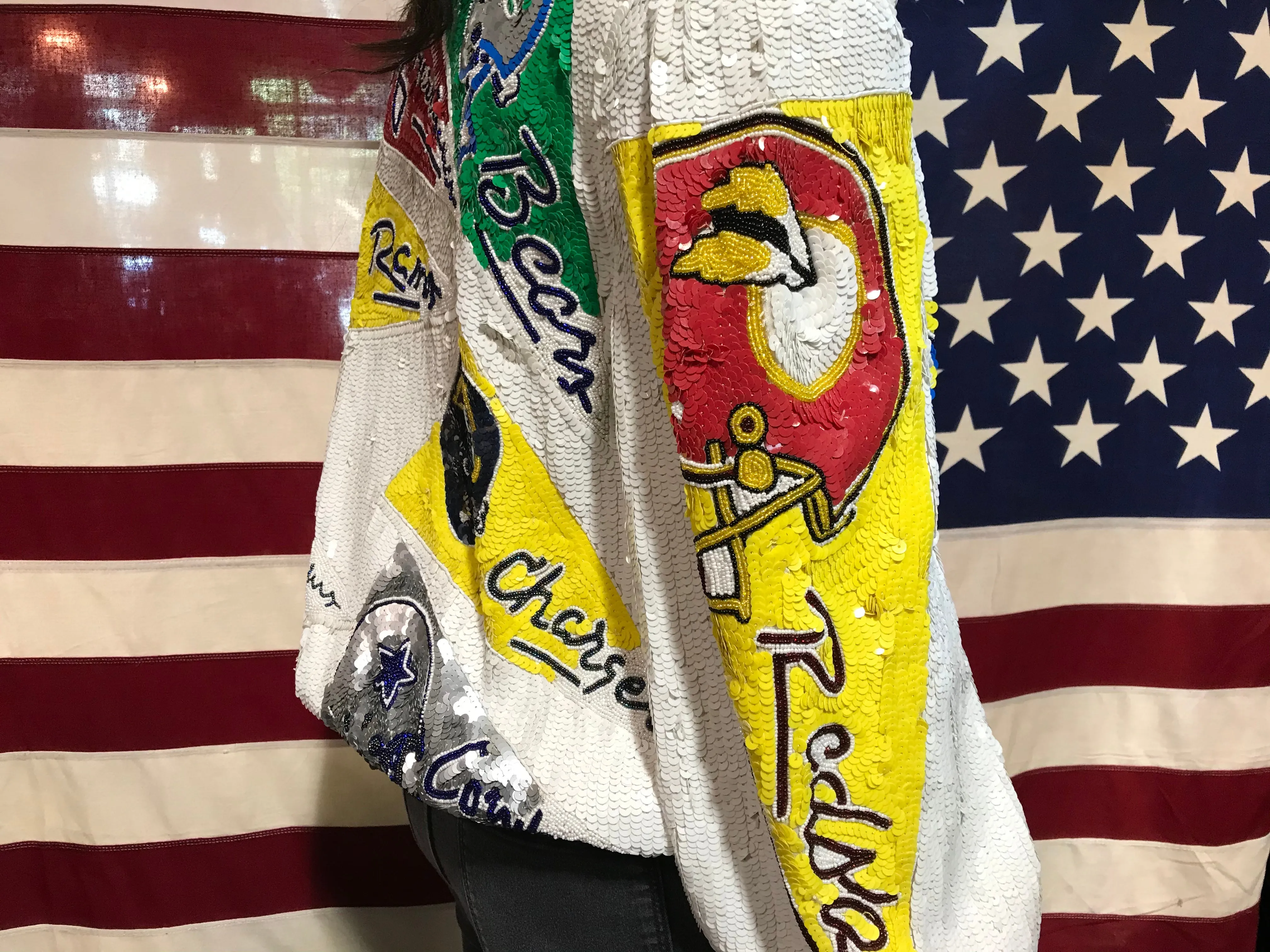 NFL Vintage 80’s RARE Glam Modi Sequinned NFL USA Teams Bomber Jacket