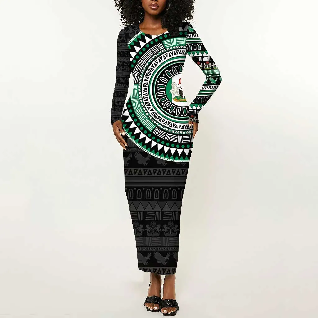 Nigeria African Tribal Pattern Long Sleeve Bodycon Dress Chest Arm Tattoo LT15