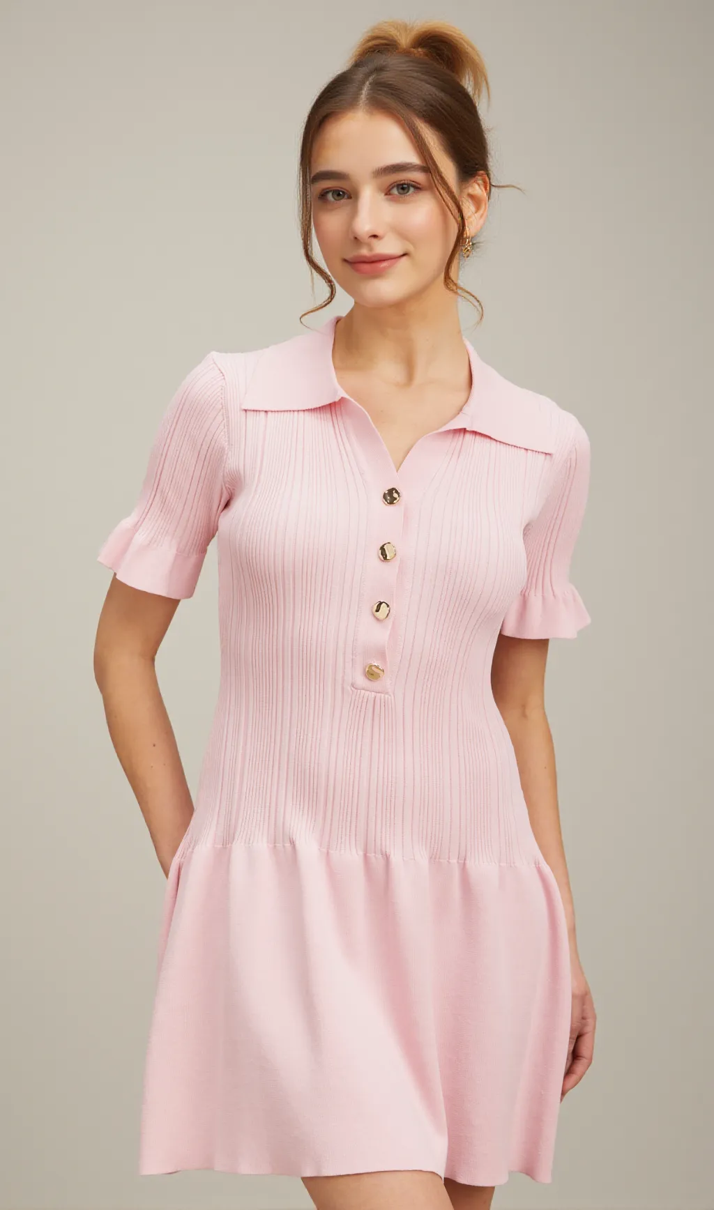 Nolwenn pink flared fine-knit mini dress