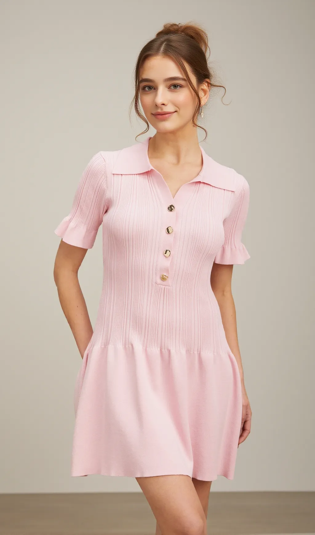Nolwenn pink flared fine-knit mini dress