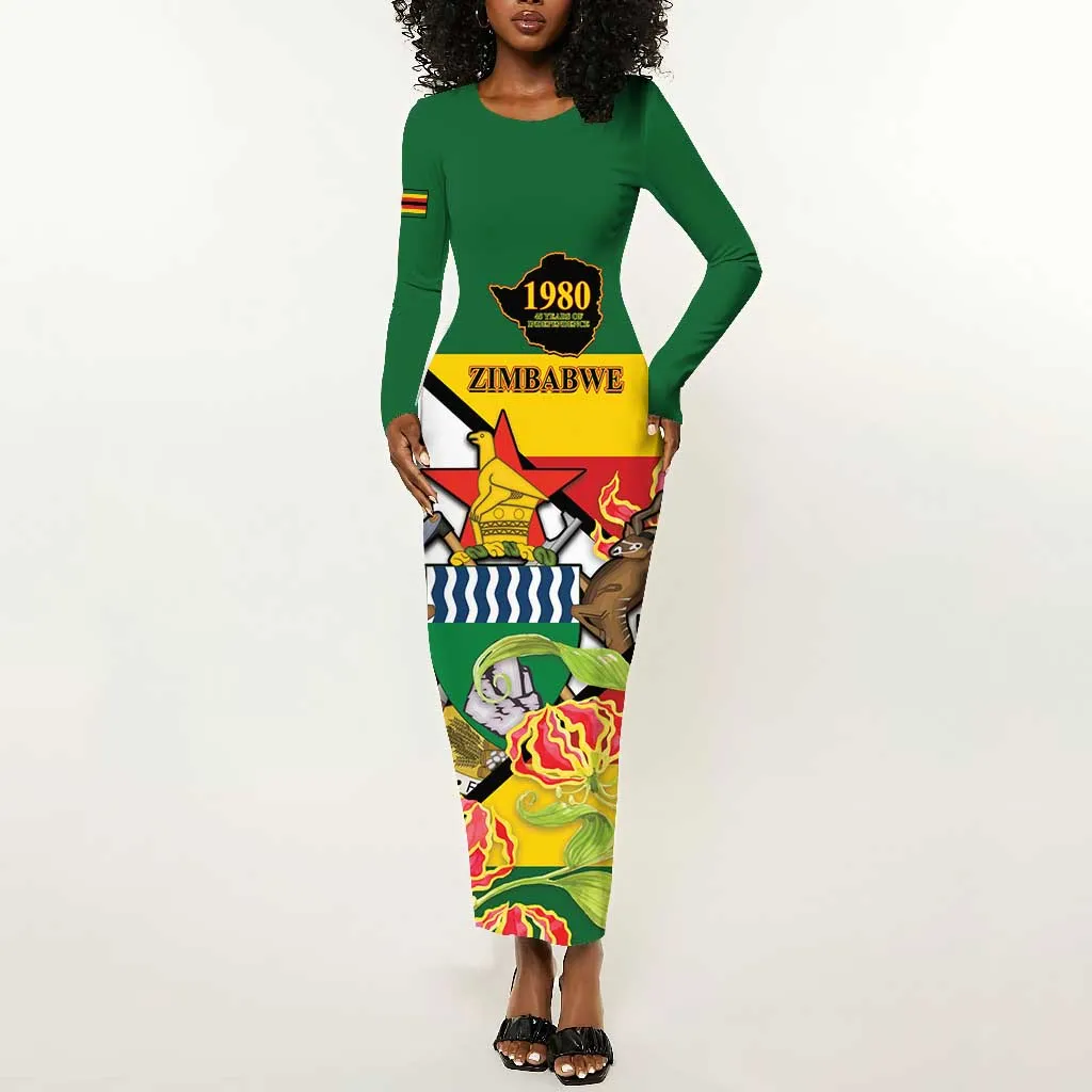 Nyika yeZimbabwe Long Sleeve Bodycon Dress Happy Independence Day - Flame Lily Flowers LT14
