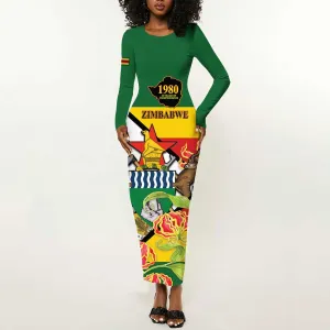 Nyika yeZimbabwe Long Sleeve Bodycon Dress Happy Independence Day - Flame Lily Flowers LT14