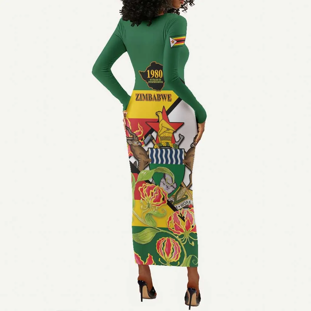 Nyika yeZimbabwe Long Sleeve Bodycon Dress Happy Independence Day - Flame Lily Flowers LT14
