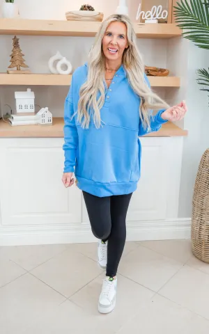 Ocean Blue Never Take Off Button Front Tunic Hoodie with Pockets by Salty Wave *DEAL-FINAL SALE e