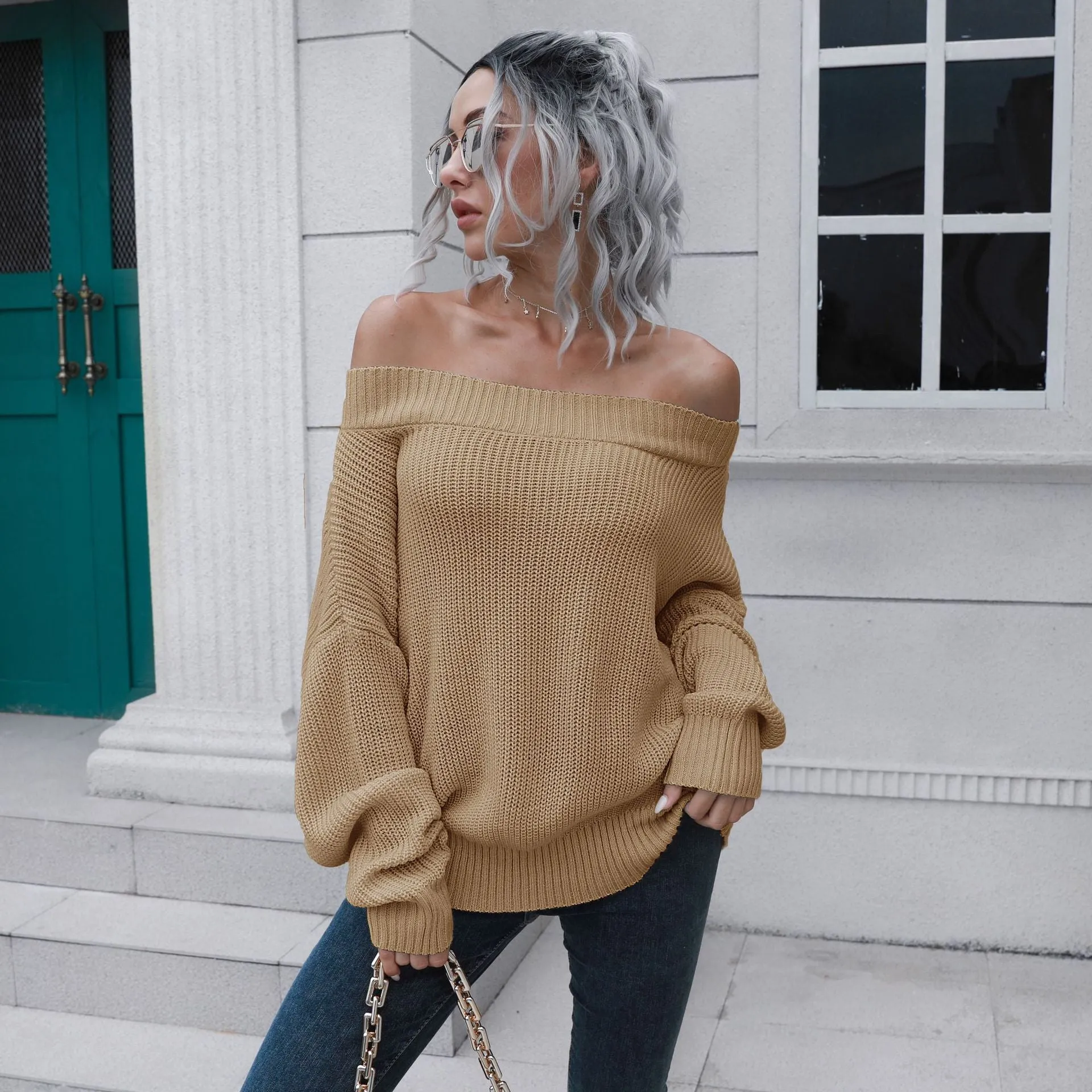 Off the Shoulder Knitted Swaeter with Loose Sleeves
