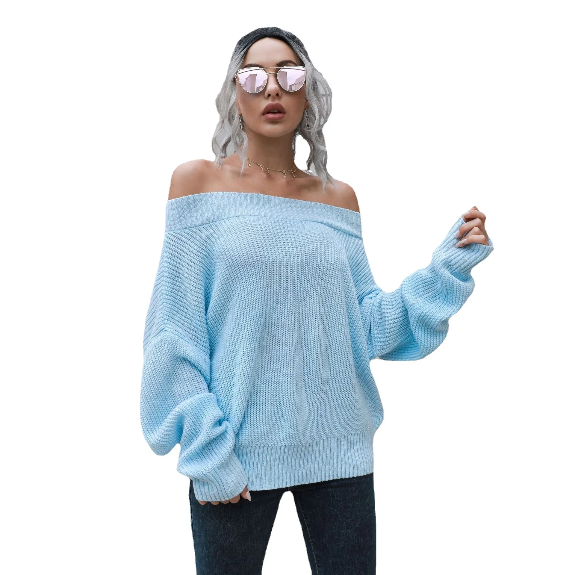 Off the Shoulder Knitted Swaeter with Loose Sleeves