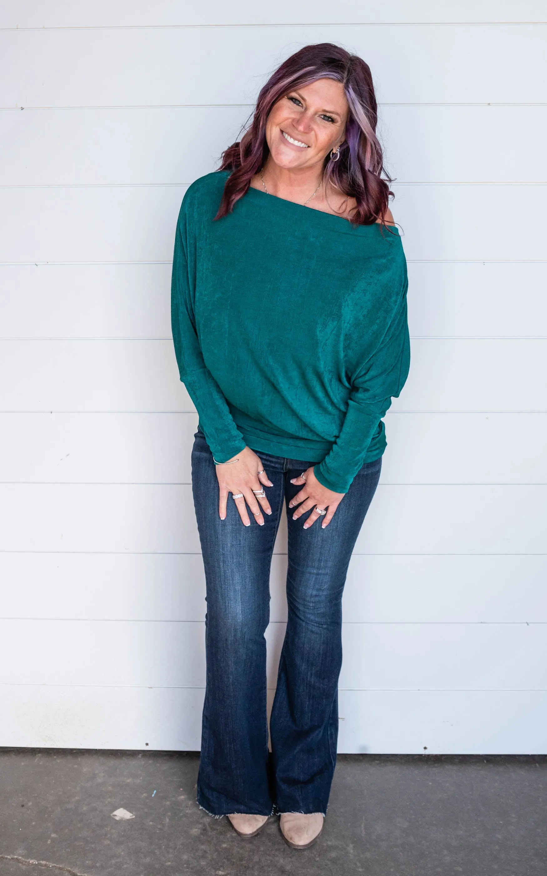 Off the Shoulder Slinky Knit Tunic Top - White Birch - Final Sale