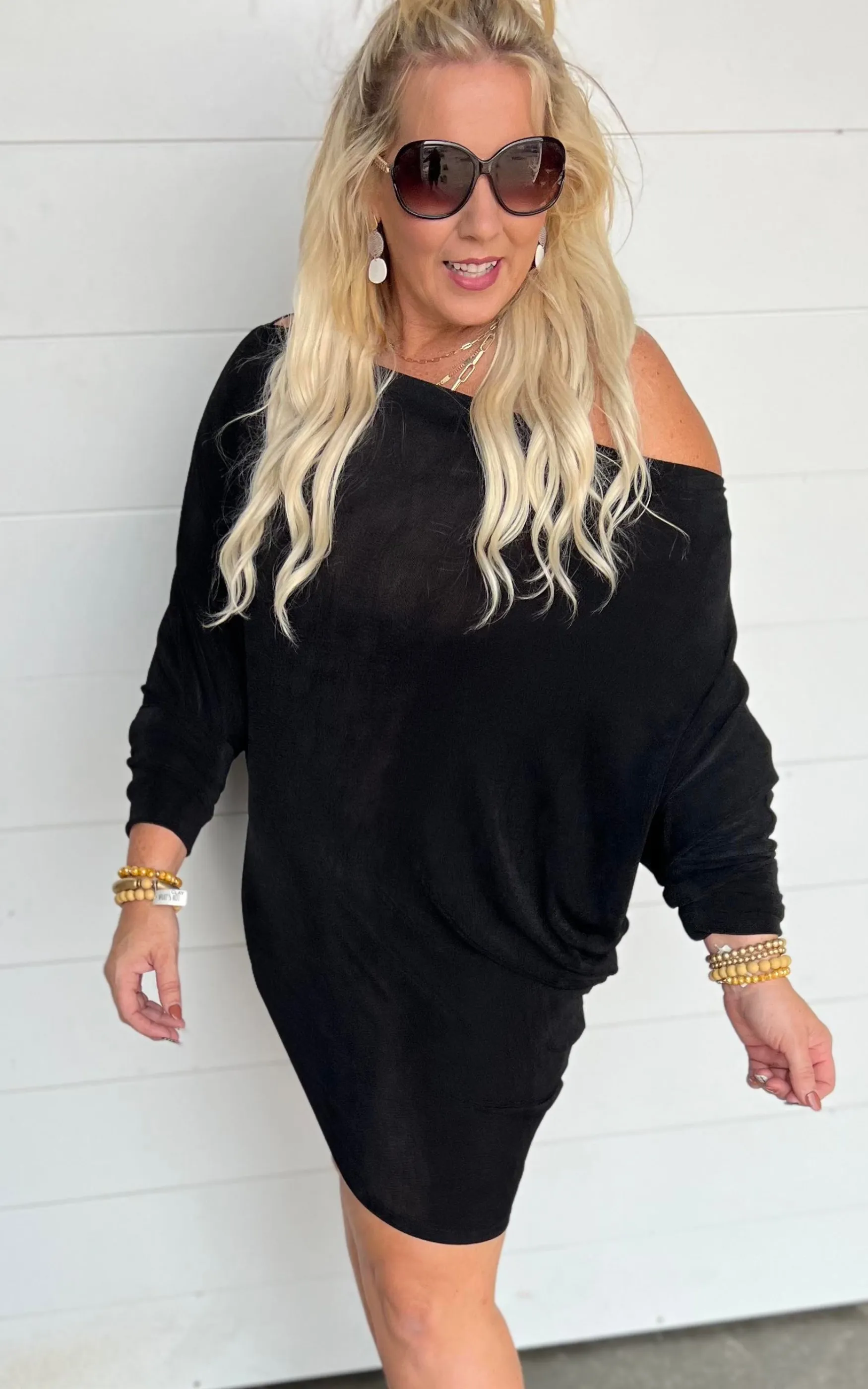 Off the Shoulder Slinky Knit Tunic Top - White Birch - Final Sale