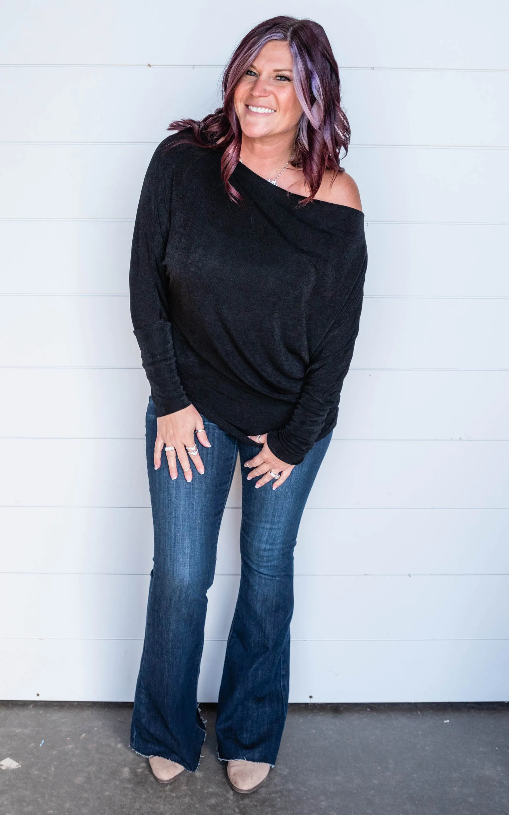 Off the Shoulder Slinky Knit Tunic Top - White Birch - Final Sale