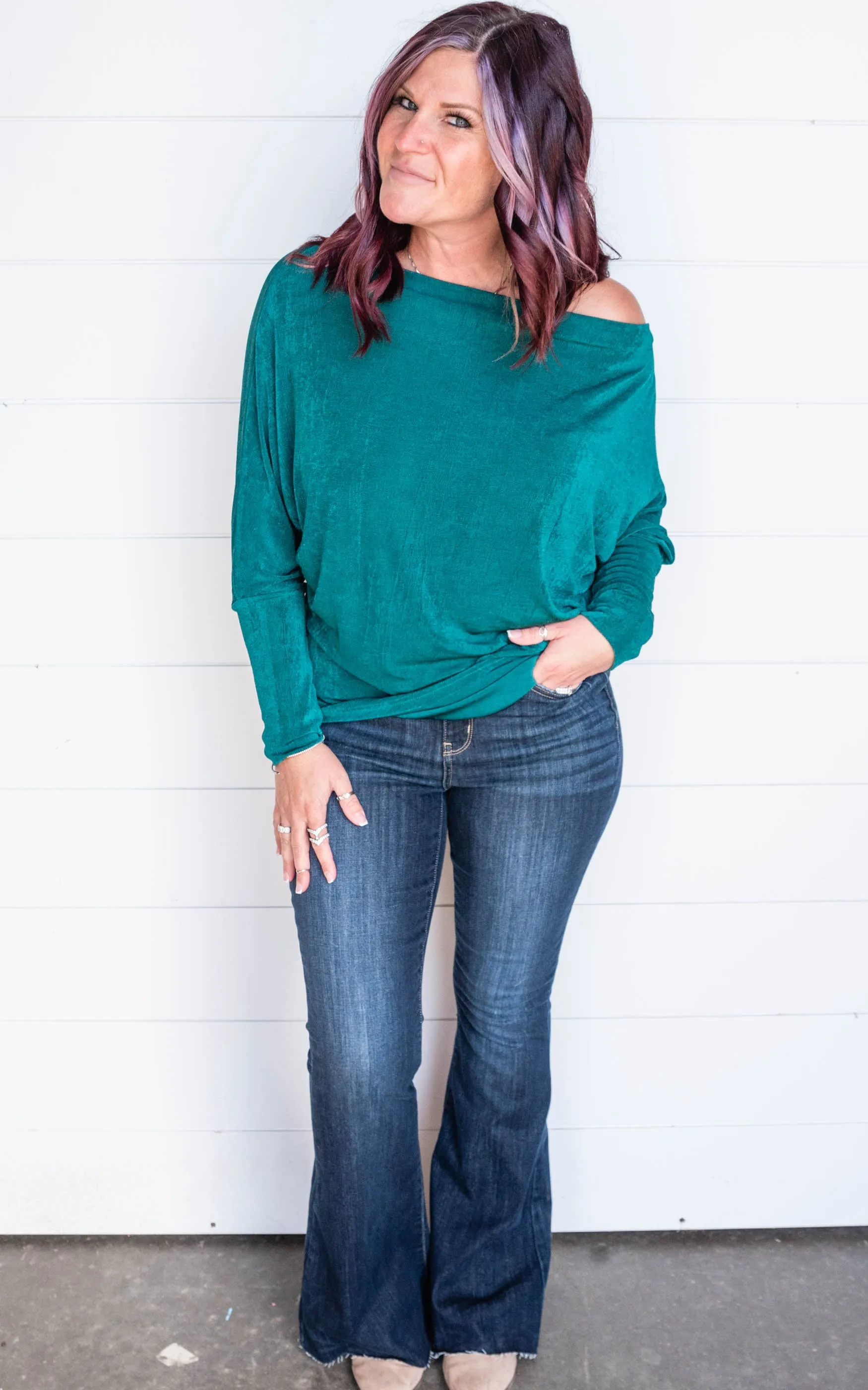 Off the Shoulder Slinky Knit Tunic Top - White Birch - Final Sale