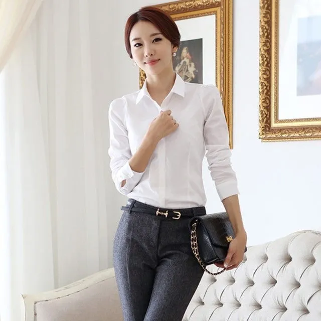 OL White Shirt Women Cardigan Office Ladies' Long Sleeve Tops Black Slim Blouses & Shirts Women Work Shirt XS-2XL #C3