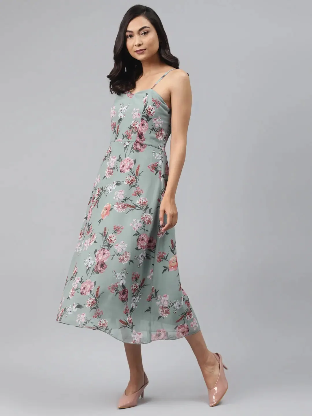 Olive Floral Strappy Midi Dress