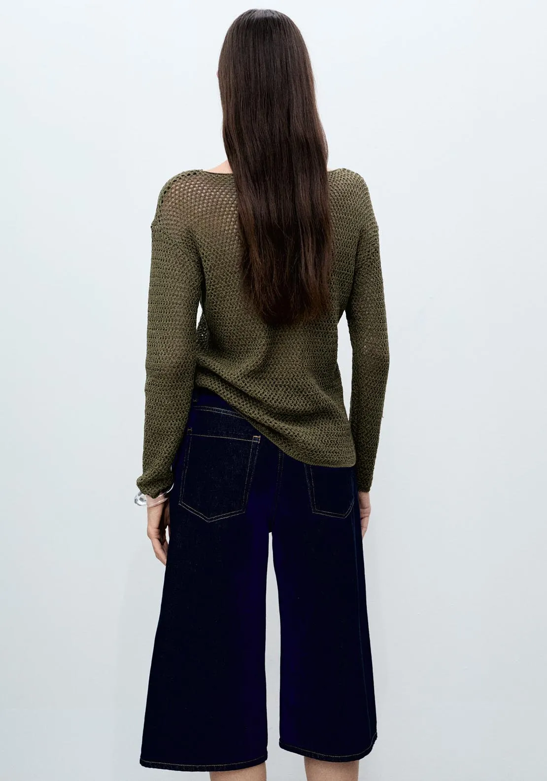 Openwork knit boat neck sweater - Beige/khaki
