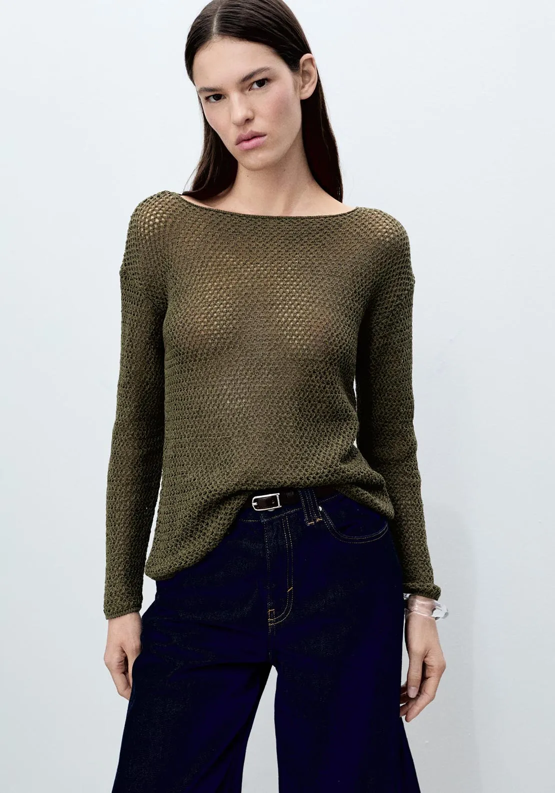 Openwork knit boat neck sweater - Beige/khaki