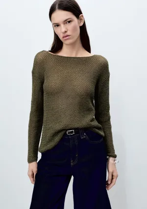 Openwork knit boat neck sweater - Beige/khaki