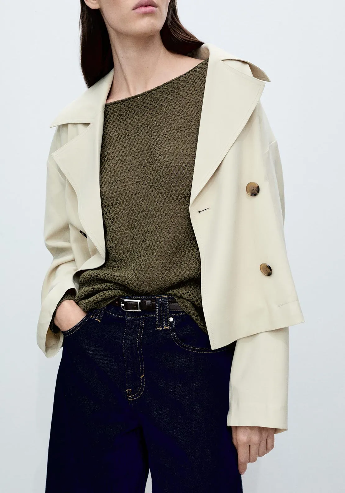 Openwork knit boat neck sweater - Beige/khaki