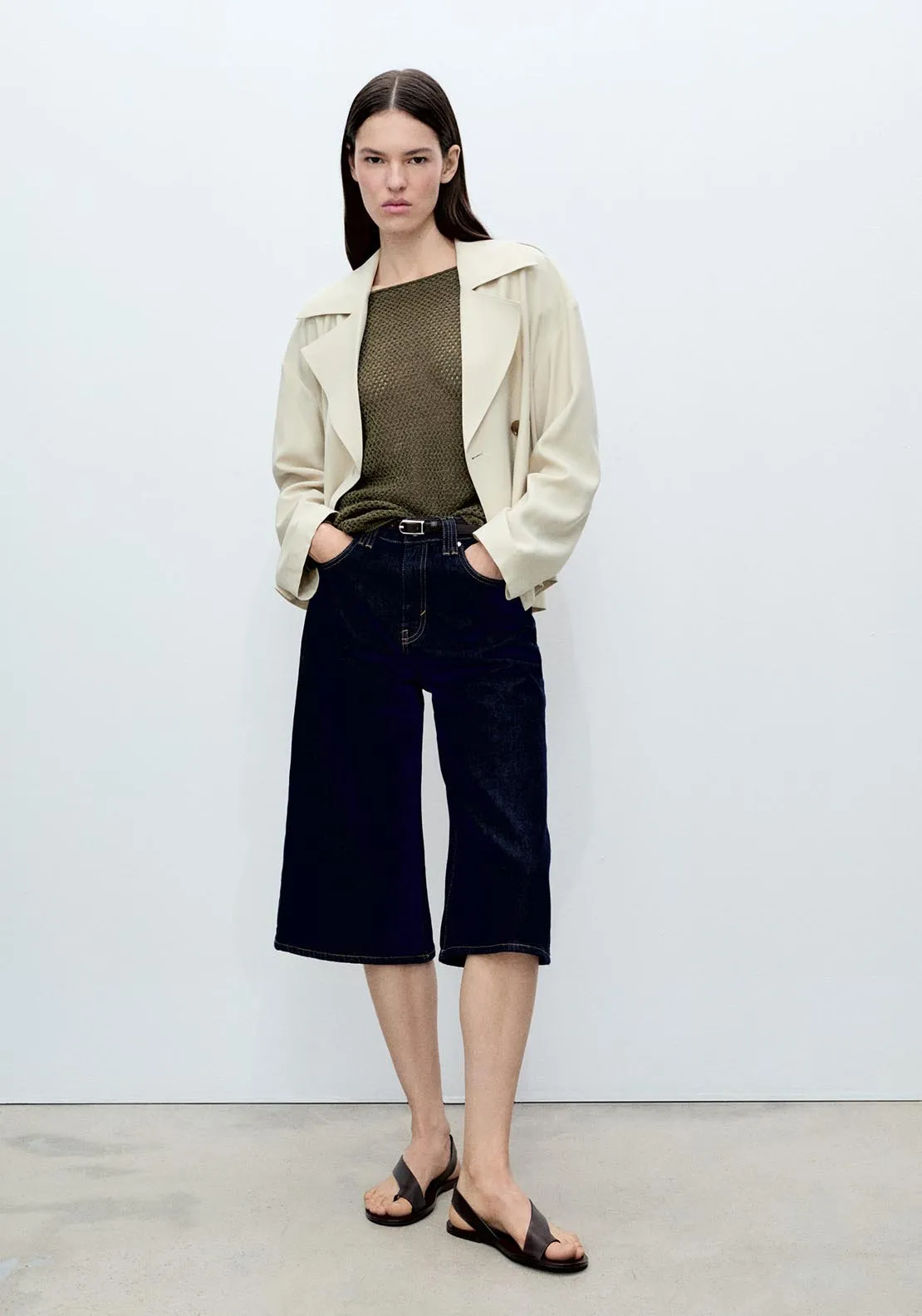 Openwork knit boat neck sweater - Beige/khaki