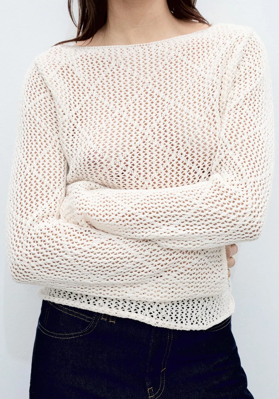 Openwork knit cotton sweater - Light Beige