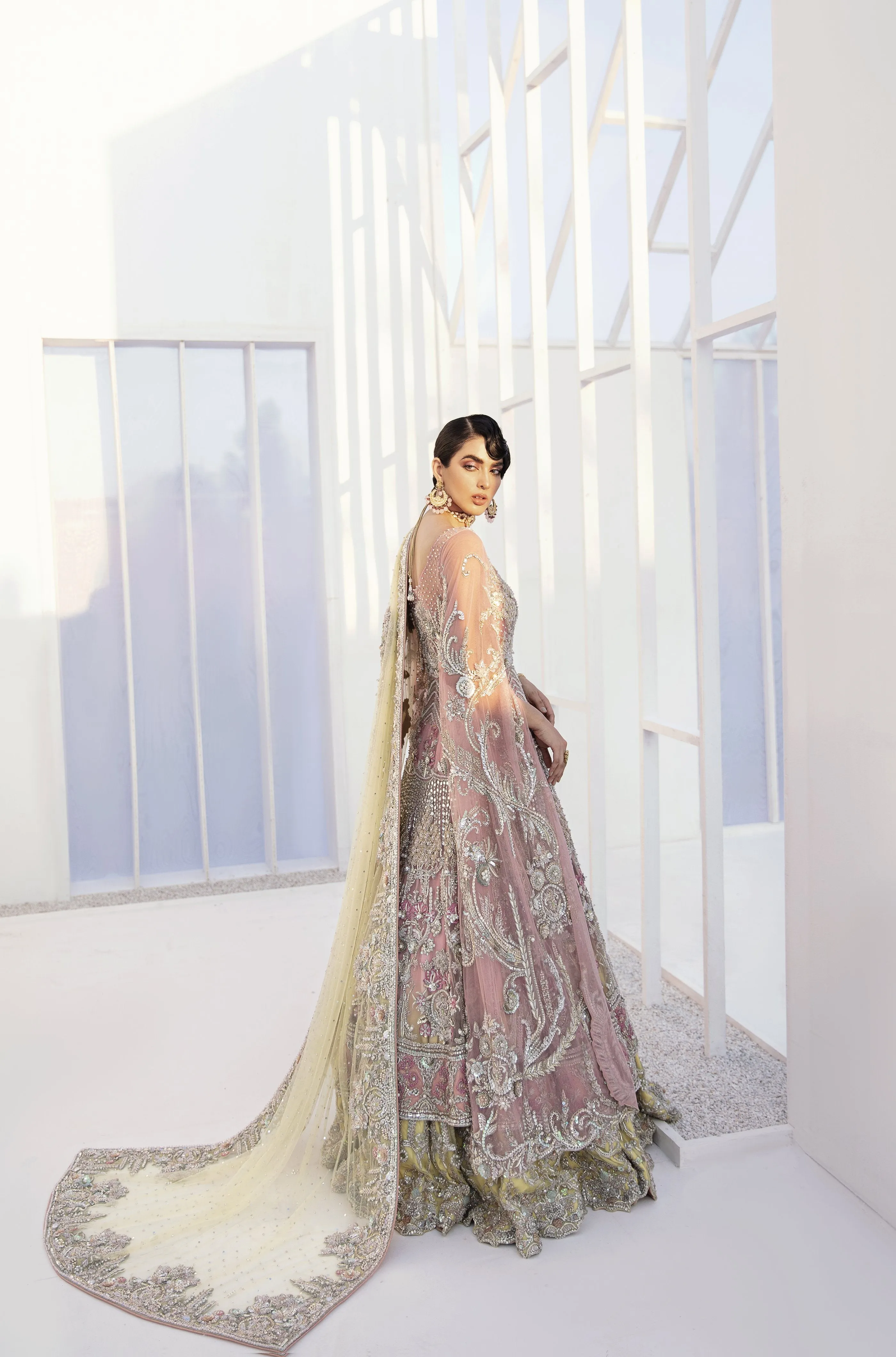 Pakistani Bridal Lehenga Designs in Embellished Heavy Zardozi Work for Wedding Wear in Blush Pink Lehenga in Front Open Gown #BN945
