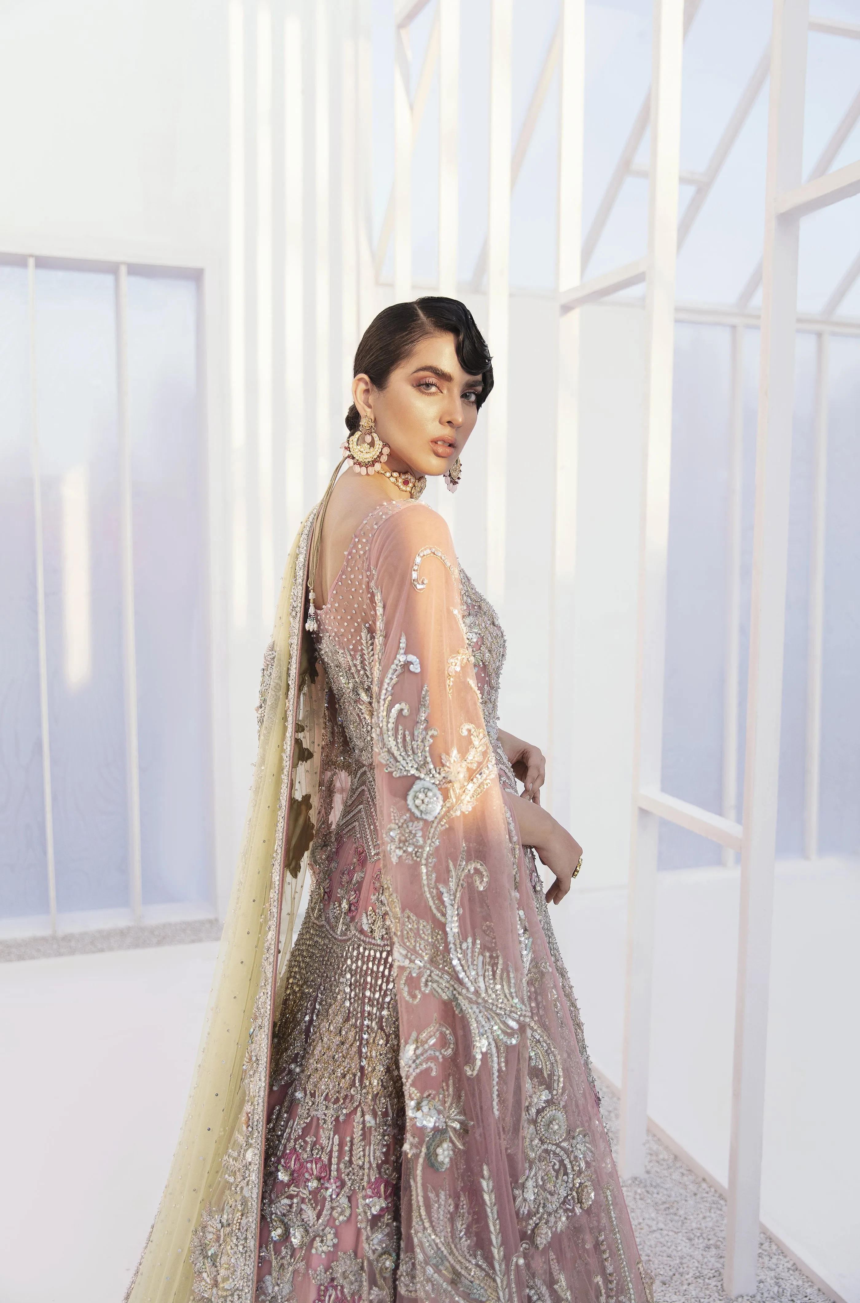 Pakistani Bridal Lehenga Designs in Embellished Heavy Zardozi Work for Wedding Wear in Blush Pink Lehenga in Front Open Gown #BN945