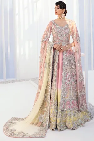 Pakistani Bridal Lehenga Designs in Embellished Heavy Zardozi Work for Wedding Wear in Blush Pink Lehenga in Front Open Gown #BN945